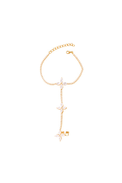 Jewello delicate rose gold-plated floral design with shimmering white stone stud hath Phool, Panja, adjustable hand chain bracelet and finger ring for women and girls.