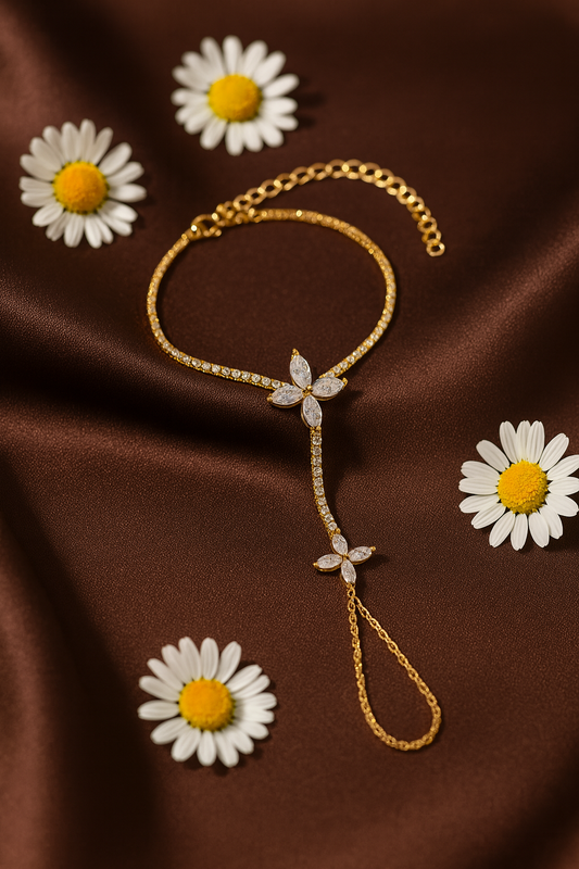 Jewello fashionable gold-plated floral design with shimmering white stone stud hath Phool, Panja, adjustable hand chain bracelet and finger ring for women and girls.