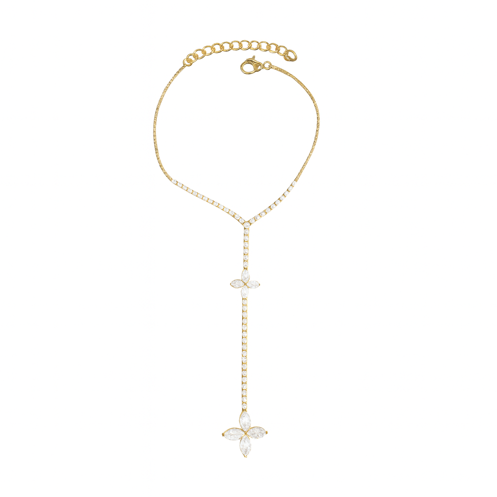 Jewello fashionable gold-plated floral design with shimmering white stone stud hath Phool, Panja, adjustable hand chain bracelet and finger ring for women and girls.