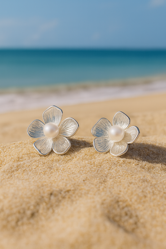 Jewello trendy silver-plated floral design and white pearl stud anti tarnish dainty Korean earring for women and girls.