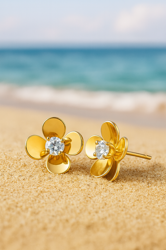 Jewello golden flower shimmering stone stud Korian earring for women and girls.