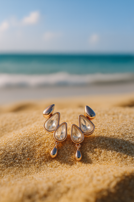 Jewello sterling fancy rose gold plated and drop shape stone stud Korian earring for women and girls.
