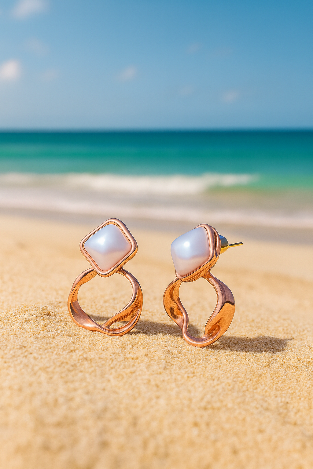 Jewello fashionable rose gold finish with square pearl stud Korian earring for women and girls.