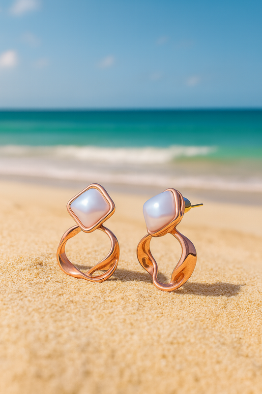 Jewello fashionable rose gold finish with square pearl stud Korian earring for women and girls.