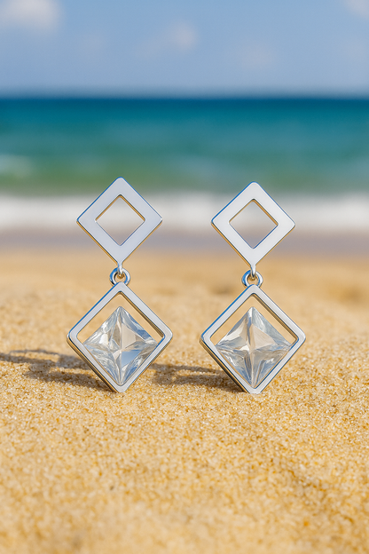 Jewello dainty earring silver plated square shape stone stud Korean earring for women and girls.