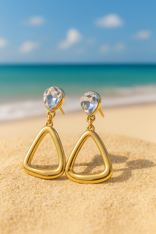 Jewello stylish golden plated tringle shape and drop shape stone stud anti tarnish earring for women and girl.