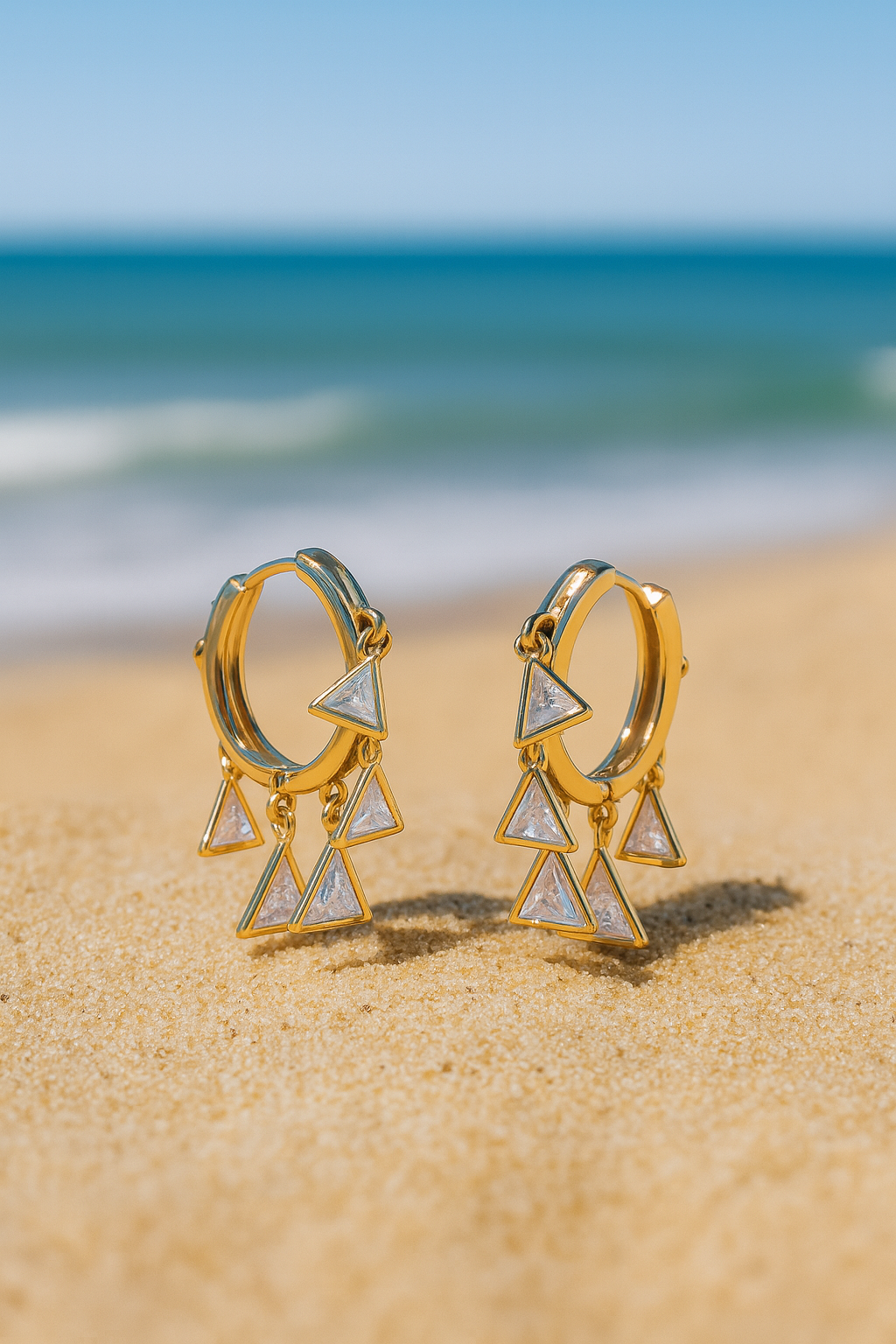 Jewello elegant gold-plated ring designer with hanging a triangle shape stone anti tarnish Korean earring for women and girls.
