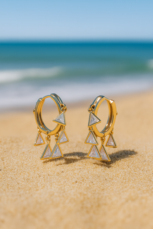 Jewello elegant gold-plated ring designer with hanging a triangle shape stone anti tarnish Korean earring for women and girls.
