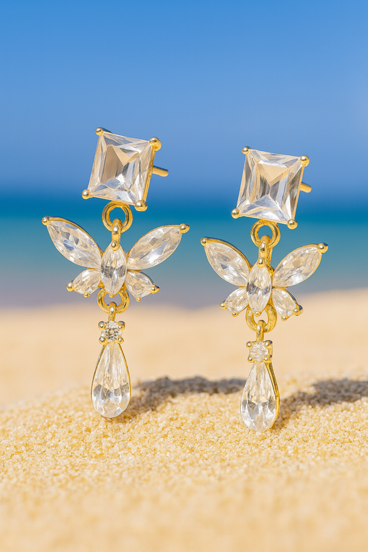 Jewello sparking sterling gold plated butterfly design with studded shimmering white stone anti tarnish Korean earring for women and girls.