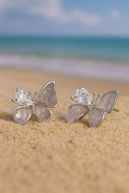 Jewello Dainty sterling silver plated butterfly design shimmering stone stud Korean earring for women and girls.