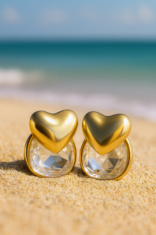Jewello trendy sterling gold plated heart design with shimmering diamond stud anti tarnish Korean earring for women and girls.