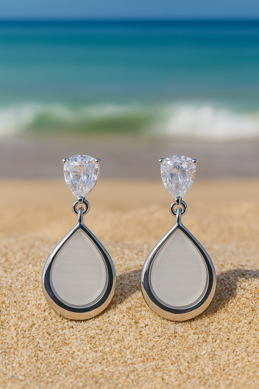 Jewello fashionable silver plated and oval shape white stone stud anti tarnish dangle Korean earring for women and girls. Gift for her.
