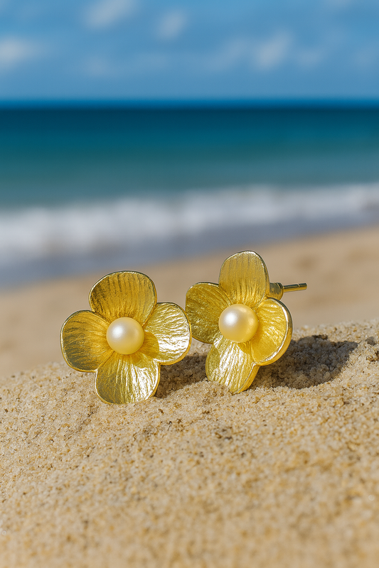 Jewello gorgeous sterling gold plated floral design and stud pearl bead anti tarnish Korean earring for women and girls.