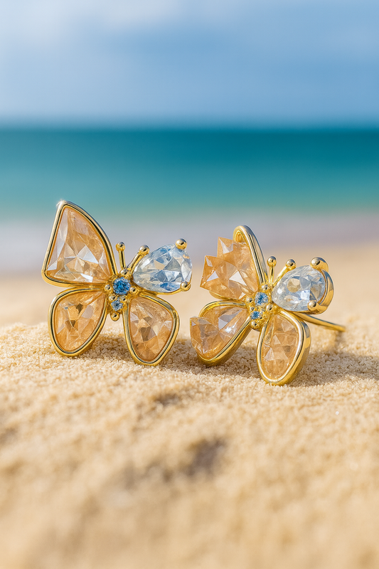 Jewello fashionable gold-plated butterfly design and studded orange stone anti tarnish Korean earring for women and girls.