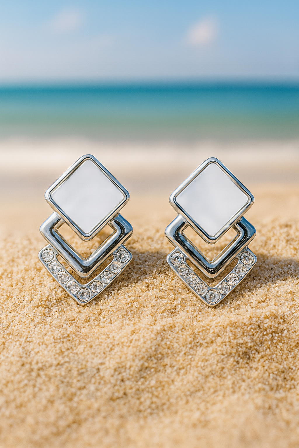 Jewello gorgeous silver-plated square design stud shimmering stone anti tarnish dangle Korean earring for women and girls.