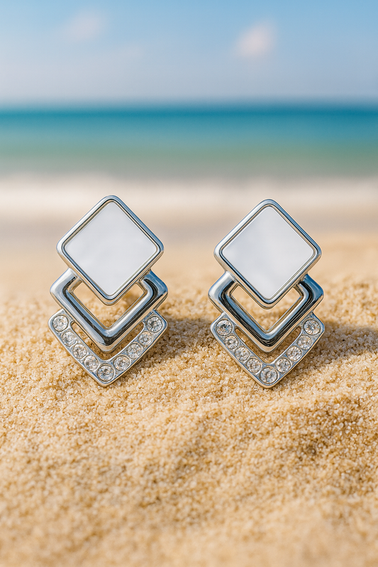 Jewello gorgeous silver-plated square design stud shimmering stone anti tarnish dangle Korean earring for women and girls.