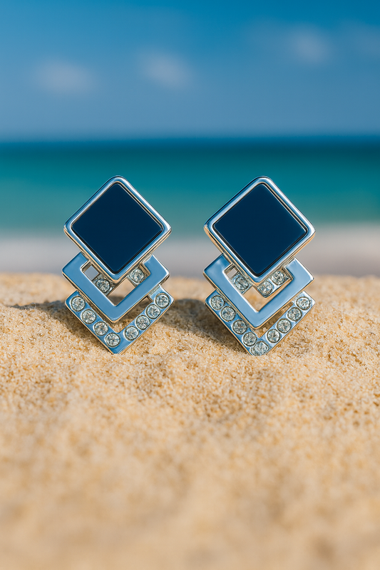 Jewello fancy sterling silver plated square design white stone stud dangle anti tarnish Korean earring for women and girls.