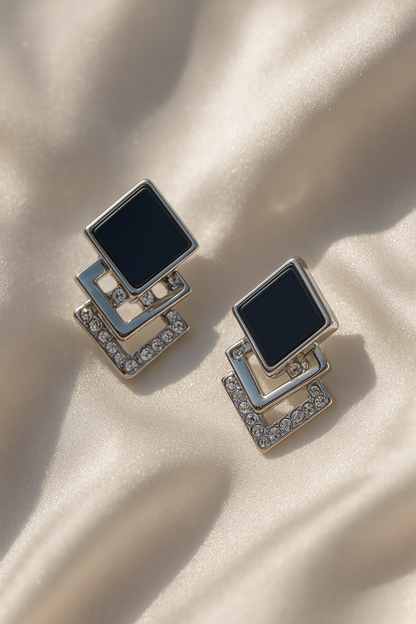 Jewello fancy sterling silver plated square design white stone stud dangle anti tarnish Korean earring for women and girls.