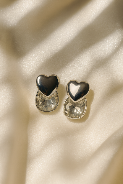 Jewello fancy gold finish heart with shimmering white stone stud anti tarnish Korean earring for women and girls.