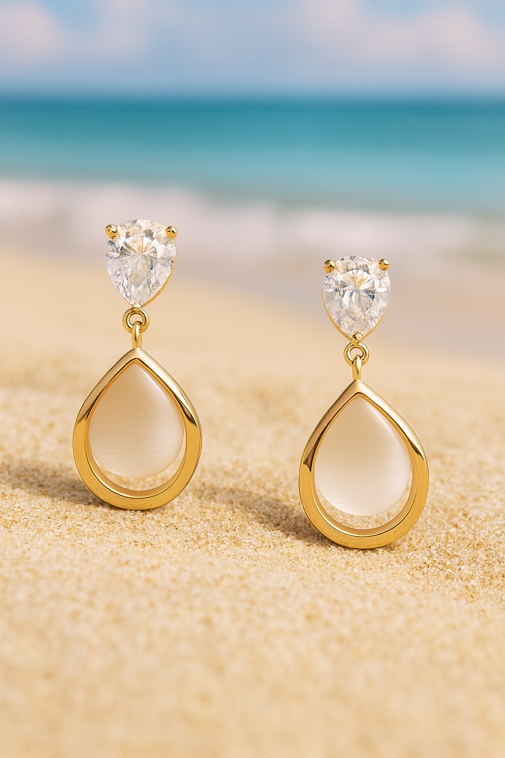 Jewello elegant golden finish drop design and stud white diamond anti tarnish dangle Korian earring for women and girls.