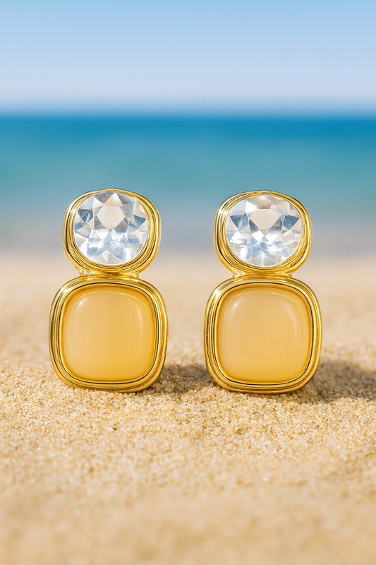 Jewello elegant gold-plated square design shimmering stone stud anti tarnish dangle Korean earring for women and girls.