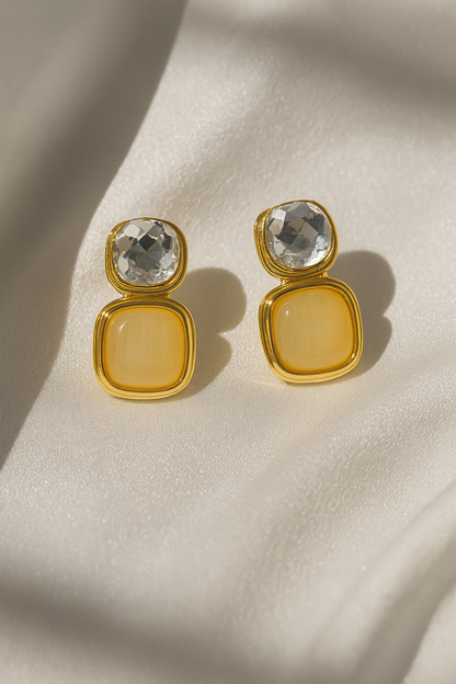 Jewello elegant gold-plated square design shimmering stone stud anti tarnish dangle Korean earring for women and girls.