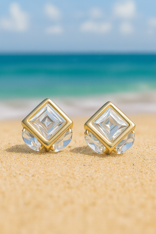 Jewello fashionable gold-plated square design with shimmering stone stud dainty Korean earring for women and girls.