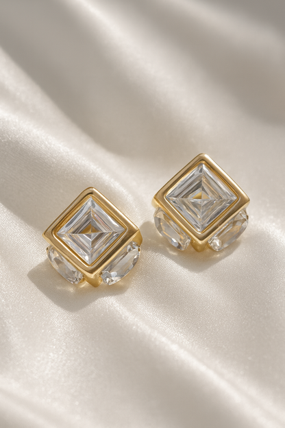 Jewello fashionable golden finish square  with shimmering stone stud dainty Korean earring for women and girls.