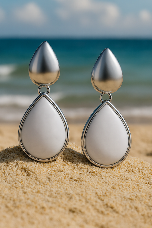 Jewello fashionable silver-plated tear drop design with drop shape pearl stud anti tarnish dangle Korean earring for women and girls.