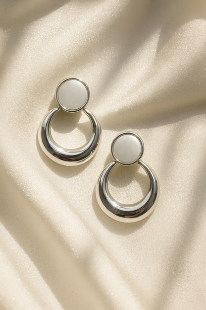 Jewello trendy silver-plated circle shaped design with white stone stud dangle Korean earring for women and girls.