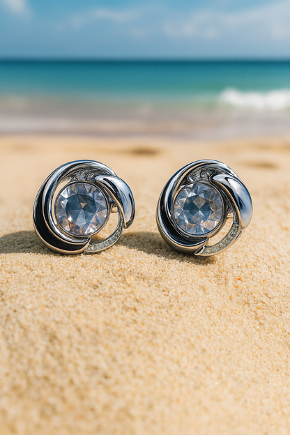 Jewello dainty fancy silver plated circle shaped design with shimmering stone stud Korean earring for women and girls. Gift for her.