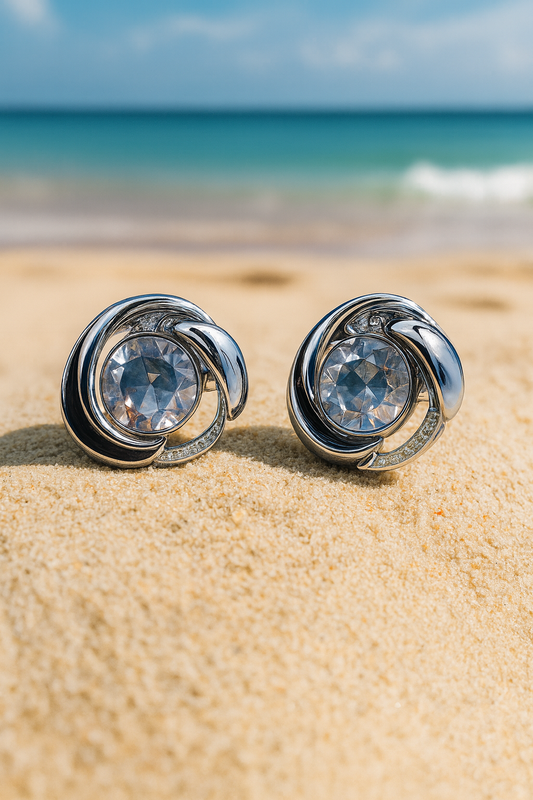 Jewello dainty fancy silver plated circle shaped design with shimmering stone stud Korean earring for women and girls. Gift for her.