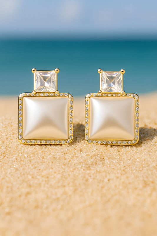 Jewello delicate gold-plated square design with light pink stone stud anti tarnish Korean earring for women and girls.