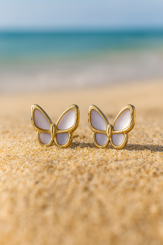 Jewello alluring gold plated butterfly design with light pink stone stud anti Korean earring for women and girls.
