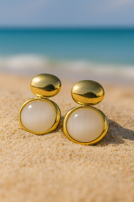 Jewello trendy gold-plated oval shape design with oval shape stone stud anti tarnish dangle Korean earring for women and girls.