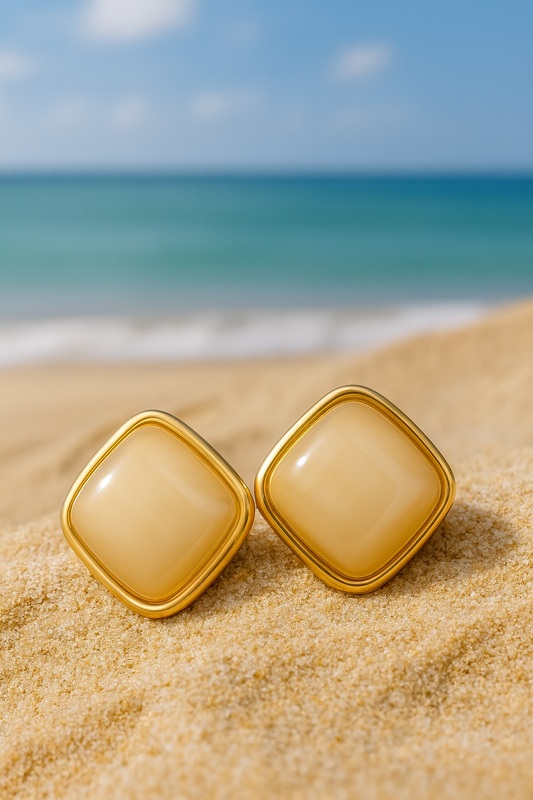 Jewello stylish gold-plated square design and light pink stone stud dainty Korean earring for women and girls.