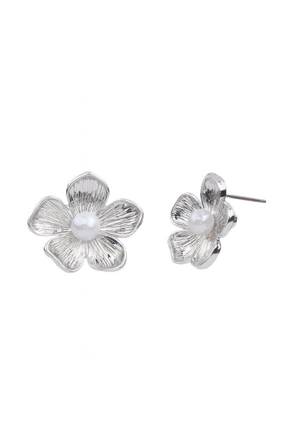 Jewello trendy silver-plated floral design and white pearl stud anti tarnish dainty Korean earring for women and girls.