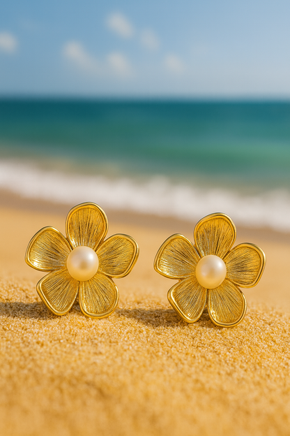 Jewello stylish gold-plated floral design with white pearl stud dainty Korean earring for women and girls.