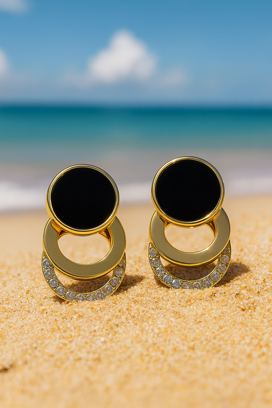 Jewello stylish sterling gold plated circle shape design with black stone and diamond stud anti tarnish Korean earring for women and girls.