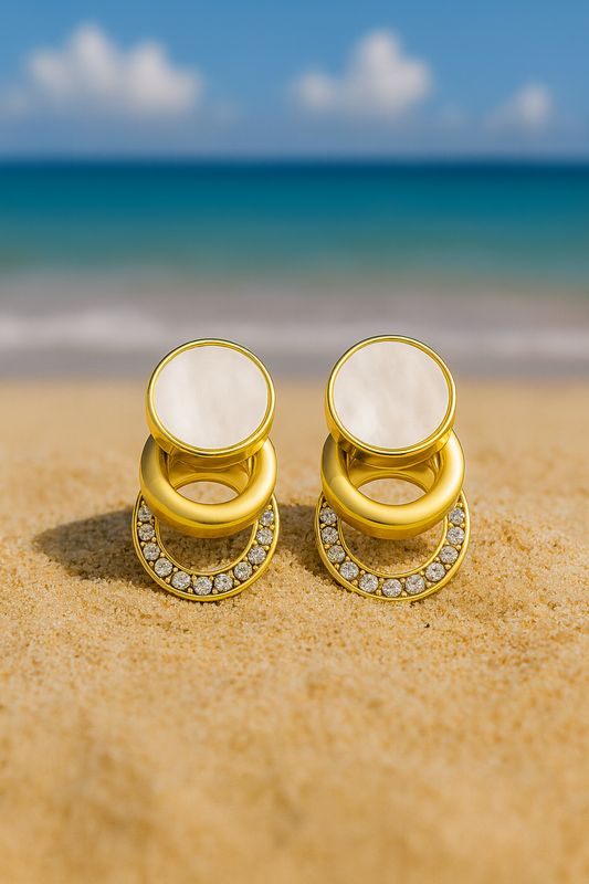 Jewello trendy gold-plated round shape design with white stone stud anti tarnish dangle Korean earring for women and girls.