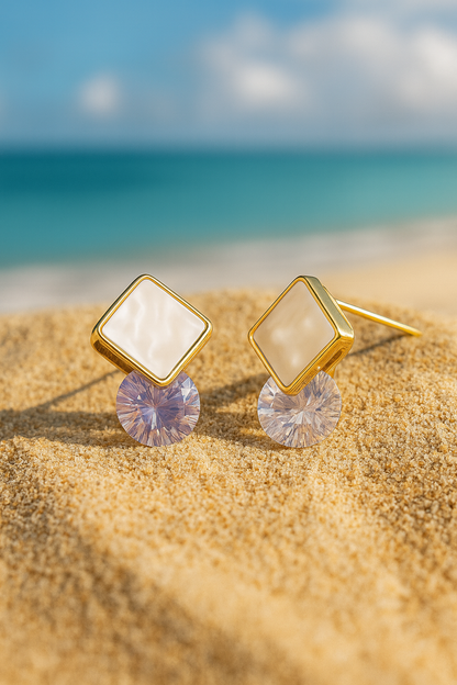 Jewello gold plated square design with white stone and shimmering white diamond stud anti tarnish dangle Korean earring for women and girls.