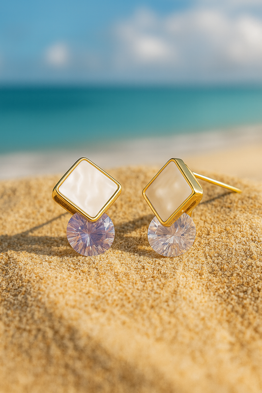Jewello gold plated square design with white stone and shimmering white diamond stud anti tarnish dangle Korean earring for women and girls.