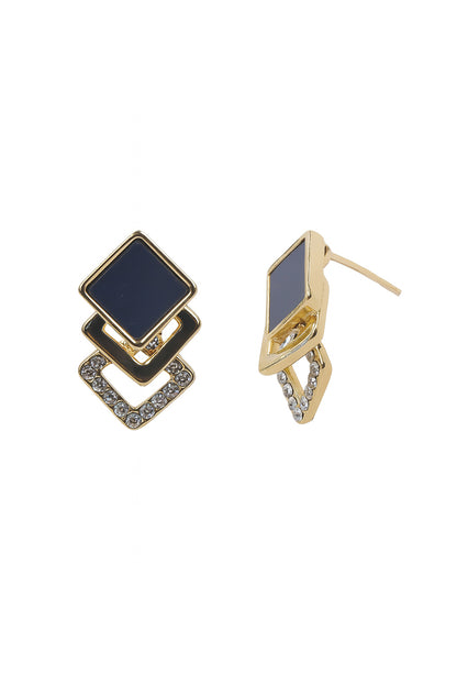 Jewello gold plated square design with radiant black  stone and shimmering diamond stud sterling dangle Korean earring for women and girls.