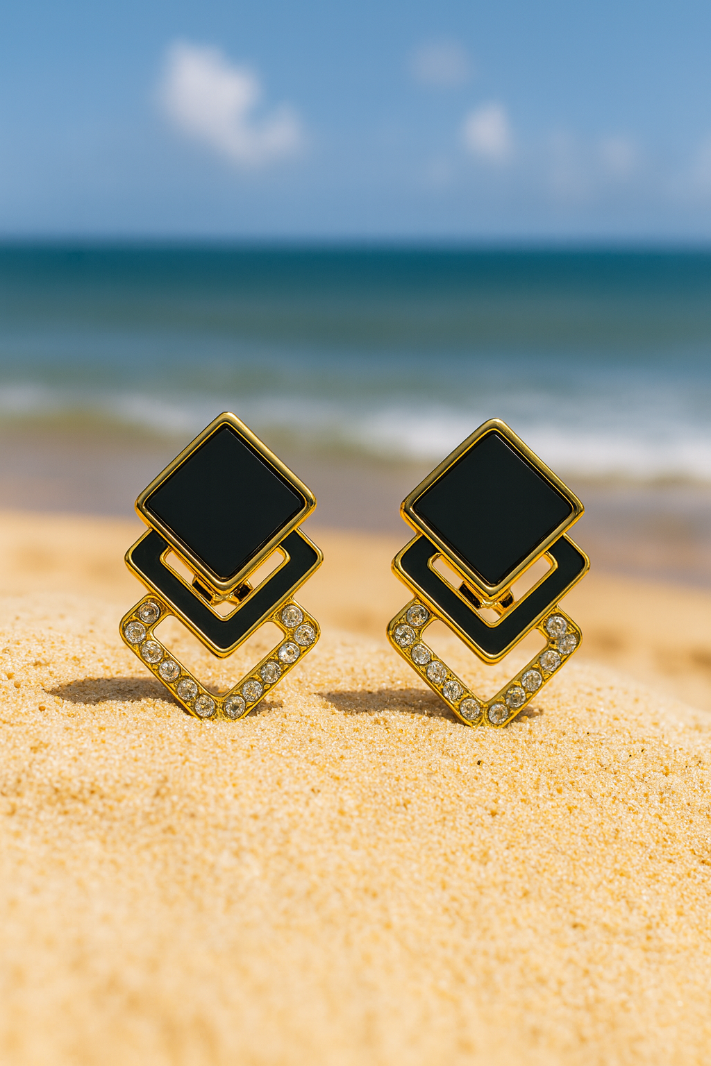 Jewello gold plated square design with radiant black  stone and shimmering diamond stud sterling dangle Korean earring for women and girls.