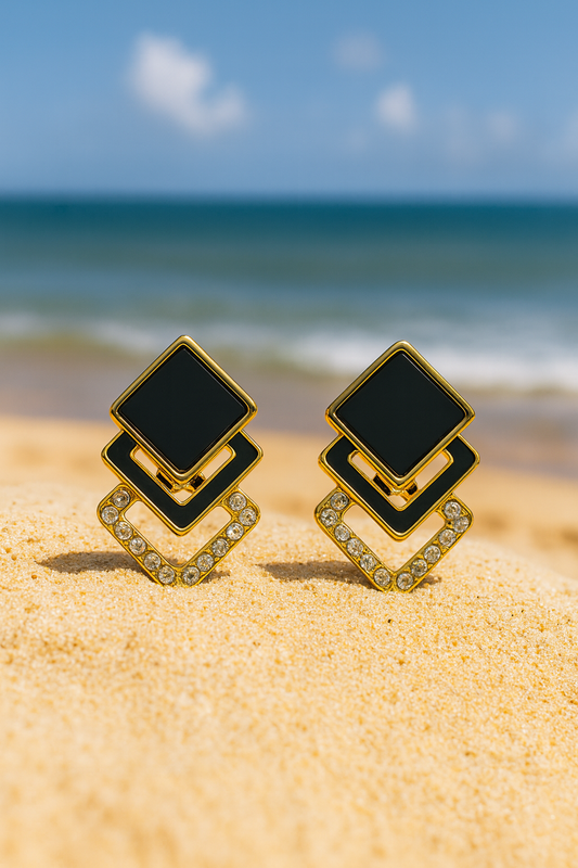Jewello gold plated square design with radiant black  stone and shimmering diamond stud sterling dangle Korean earring for women and girls.
