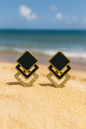 Jewello gold plated square design with radiant black  stone and shimmering diamond stud sterling dangle Korean earring for women and girls.