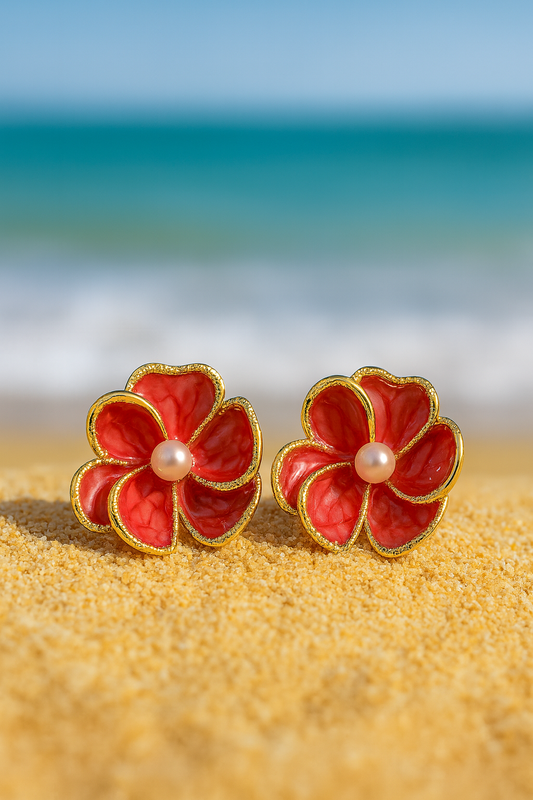 Jewello charming gold-plated flower design with red stone and pearl bead stud dainty Korean earring for women and girls.