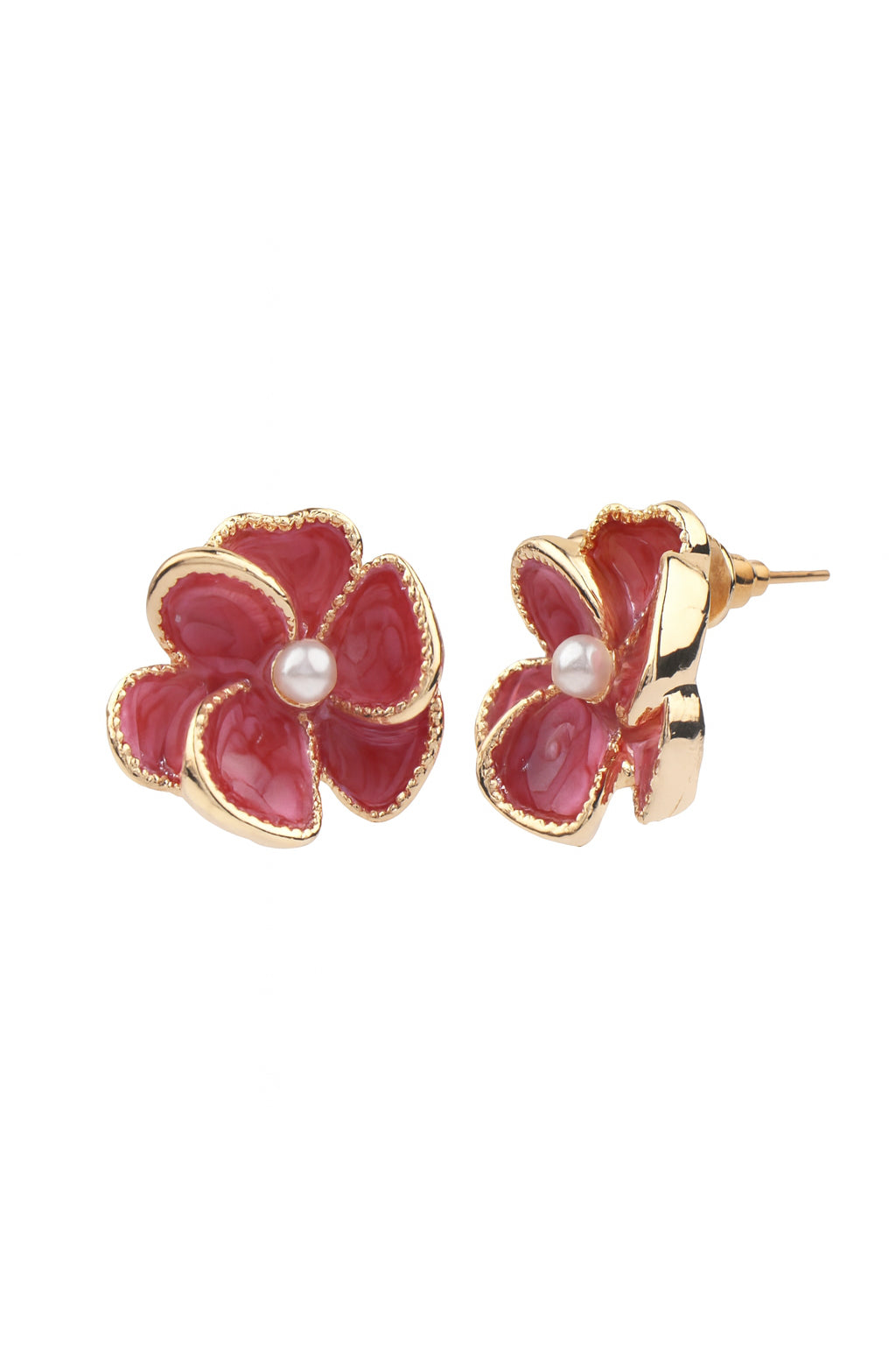 Jewello charming gold-plated flower design with red stone and pearl bead stud dainty Korean earring for women and girls.