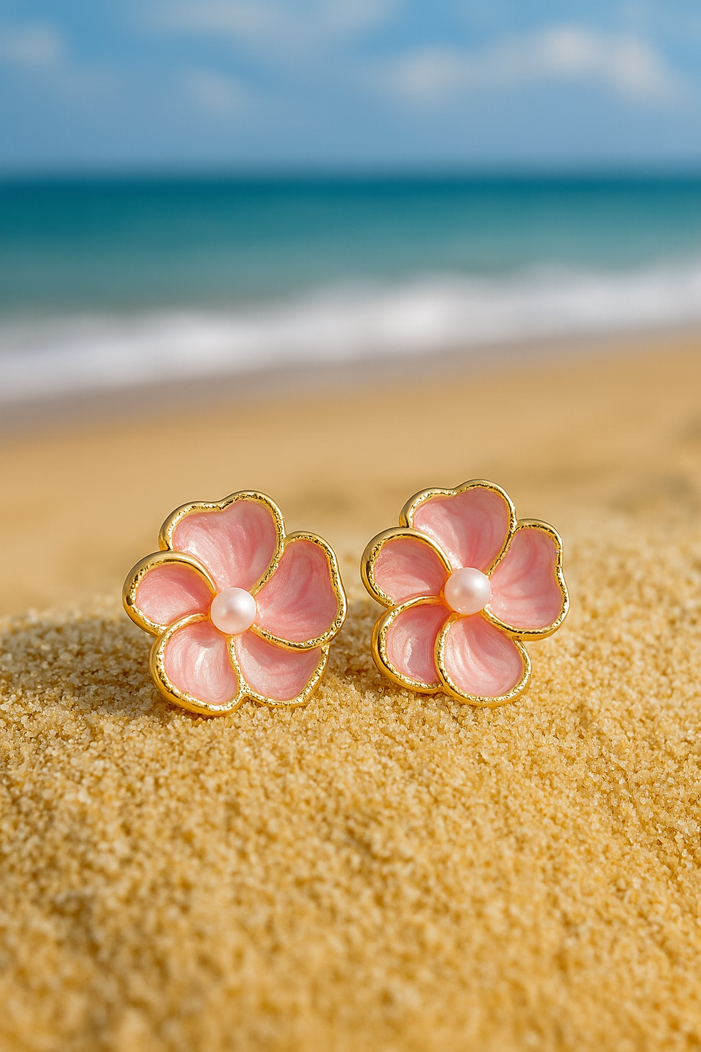 Jewello delicate gold-plated flower design with pink stone and pearl bead stud dainty Korean earring for women and girls.
