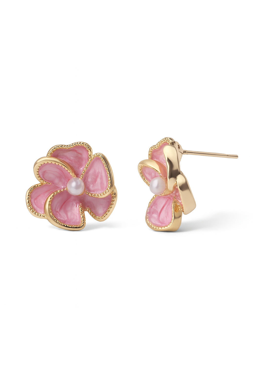 Jewello delicate gold-plated flower design with pink stone and pearl bead stud dainty Korean earring for women and girls.